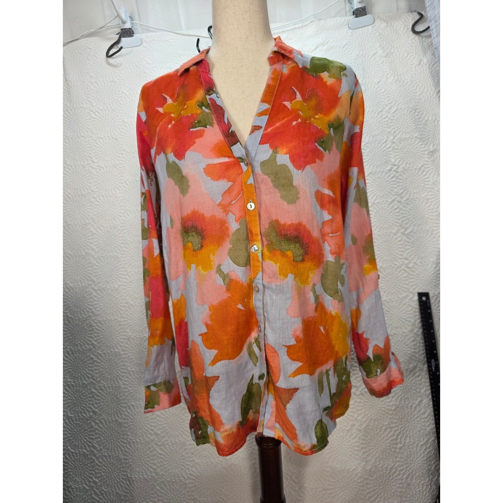 Joie Button Up Shirt Women Small Orange Floral 100% Linen Long Sleeve Good